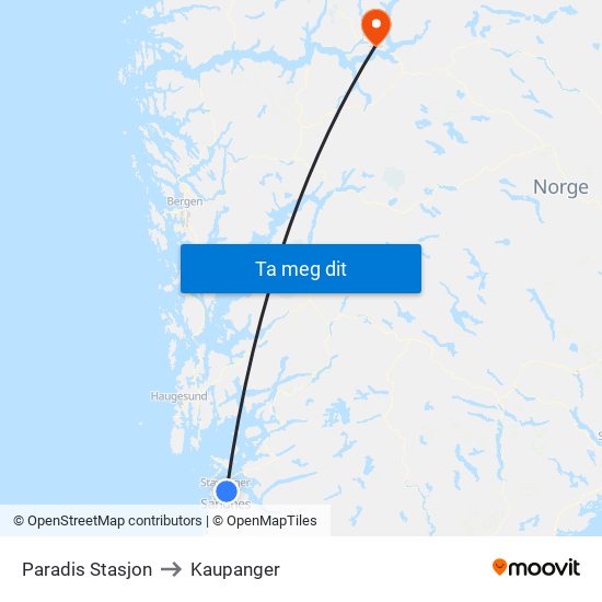 Paradis Stasjon to Kaupanger map
