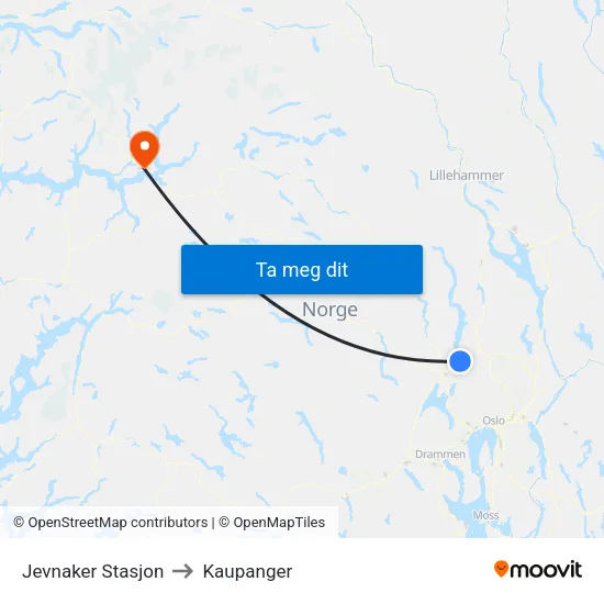 Jevnaker Stasjon to Kaupanger map