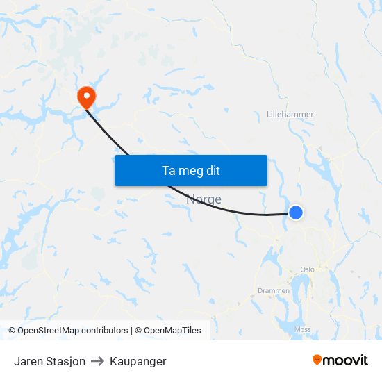 Jaren Stasjon to Kaupanger map