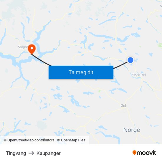 Tingvang to Kaupanger map