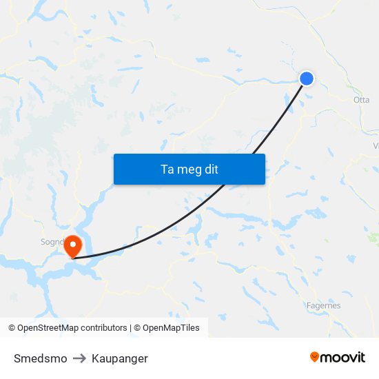 Smedsmo to Kaupanger map