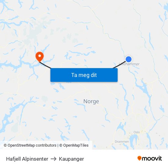 Hafjell Alpinsenter to Kaupanger map
