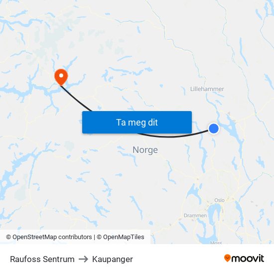 Raufoss Sentrum to Kaupanger map