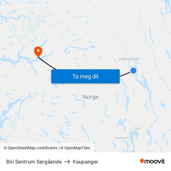 Biri Sentrum Sørgående to Kaupanger map