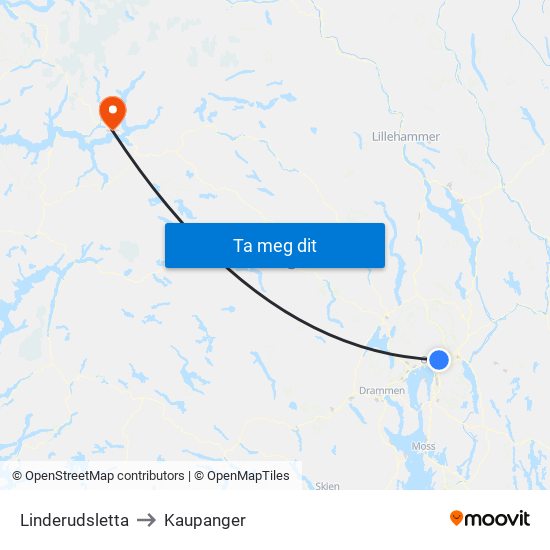 Linderudsletta to Kaupanger map