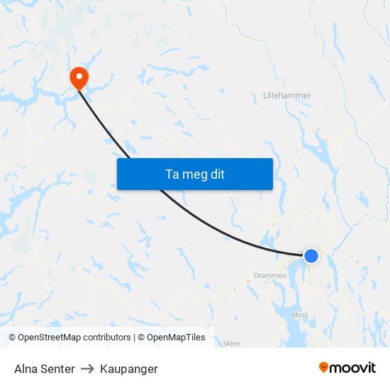 Alna Senter to Kaupanger map