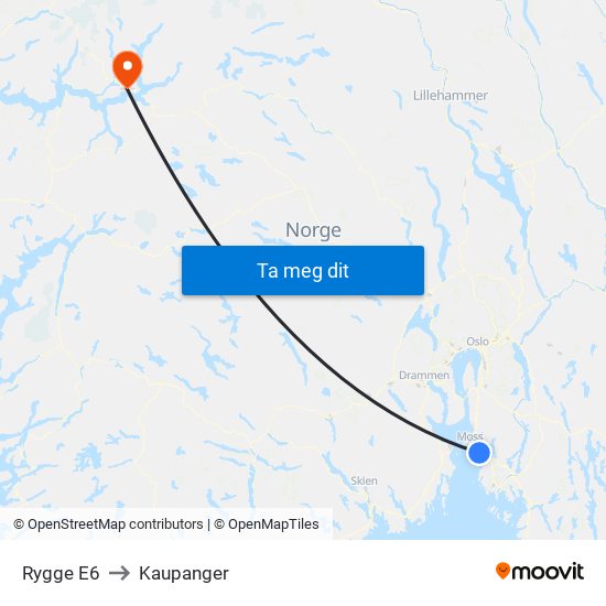 Rygge E6 to Kaupanger map