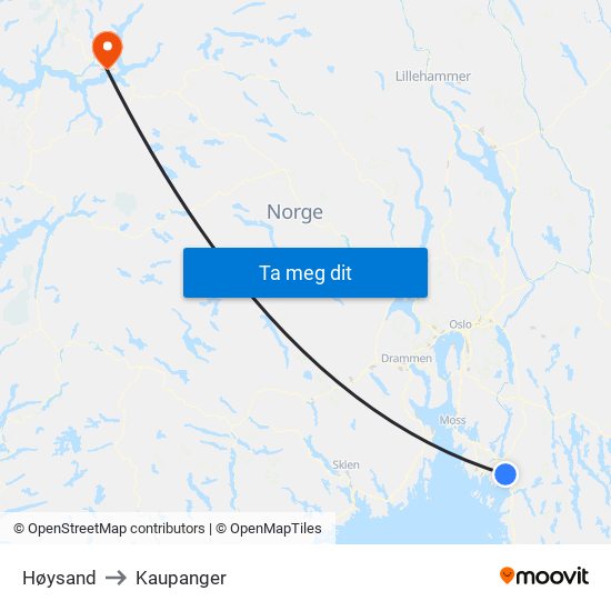 Høysand to Kaupanger map