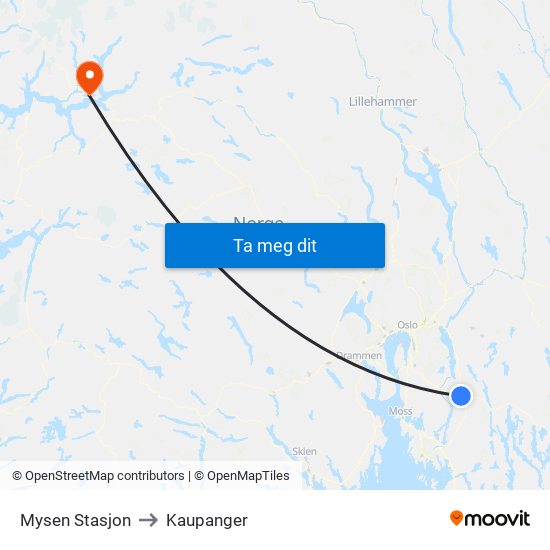 Mysen Stasjon to Kaupanger map