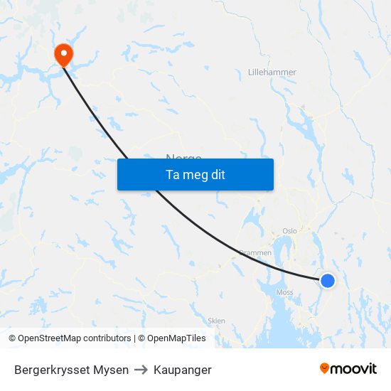Bergerkrysset Mysen to Kaupanger map