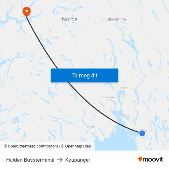 Halden Bussterminal to Kaupanger map