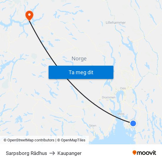 Sarpsborg Rådhus to Kaupanger map