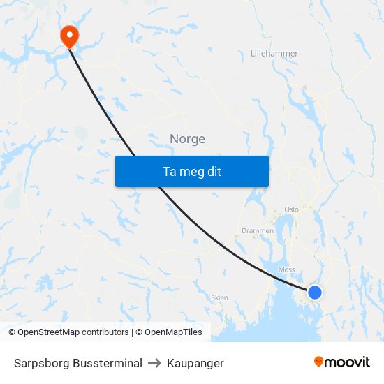 Sarpsborg Bussterminal to Kaupanger map
