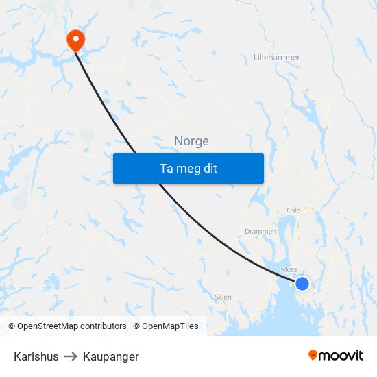 Karlshus to Kaupanger map