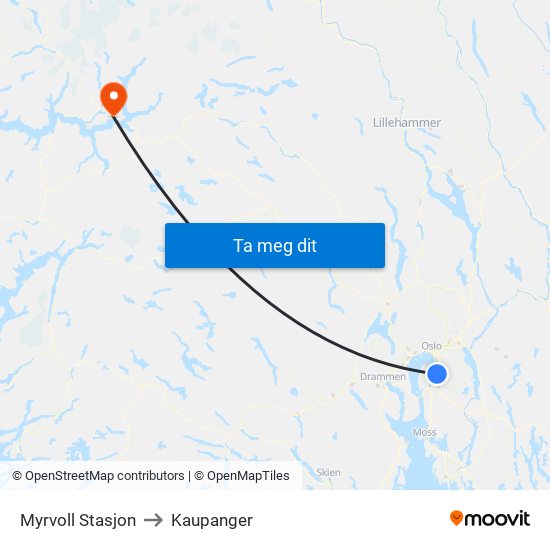Myrvoll Stasjon to Kaupanger map