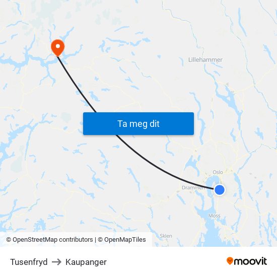 Tusenfryd to Kaupanger map
