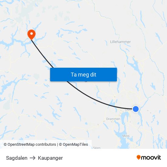 Sagdalen to Kaupanger map