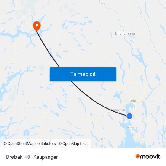 Drøbak to Kaupanger map