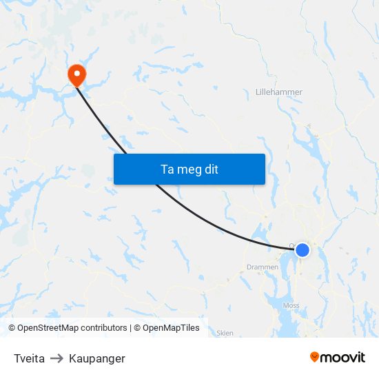 Tveita to Kaupanger map