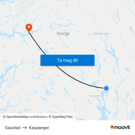 Gaustad to Kaupanger map