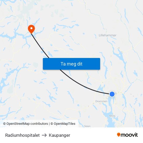 Radiumhospitalet to Kaupanger map