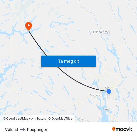 Vølund to Kaupanger map
