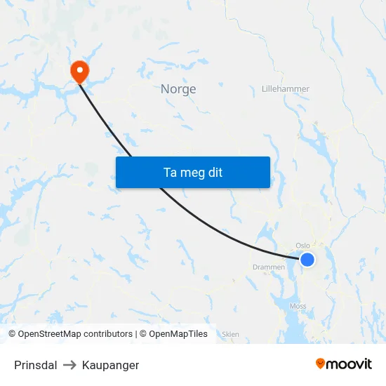 Prinsdal to Kaupanger map