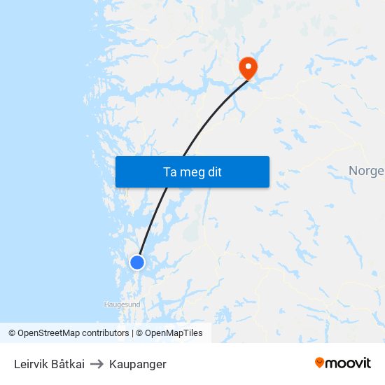 Leirvik Båtkai to Kaupanger map