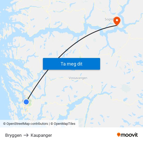 Bryggen to Kaupanger map