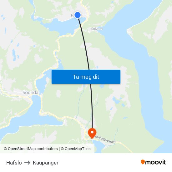 Hafslo to Kaupanger map