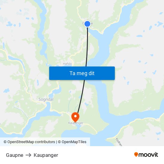 Gaupne to Kaupanger map