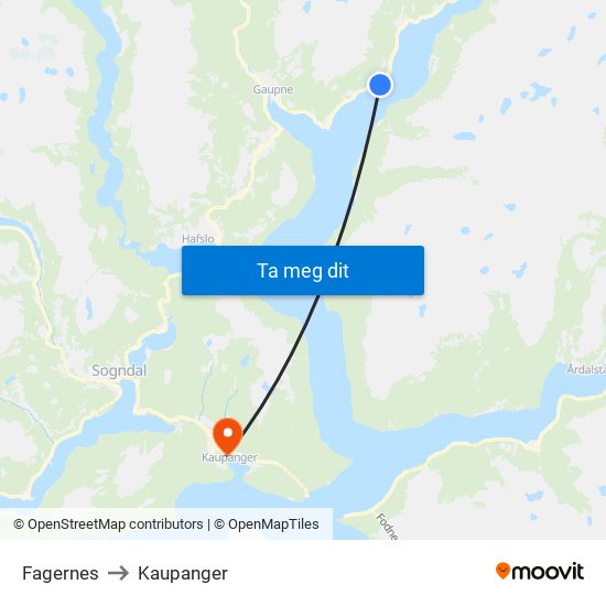 Fagernes to Kaupanger map