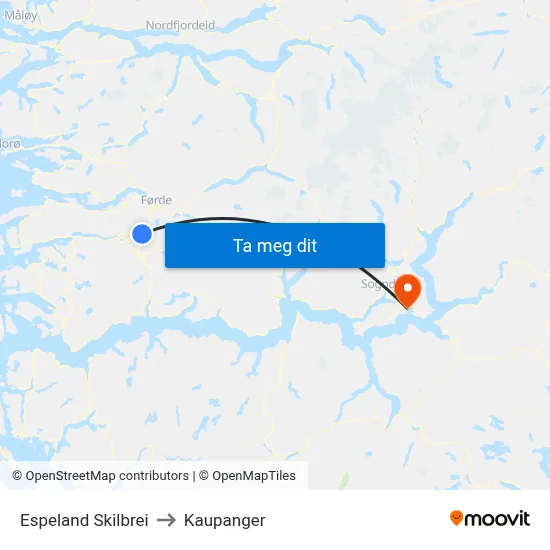 Espeland Skilbrei to Kaupanger map