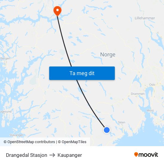 Drangedal Stasjon to Kaupanger map