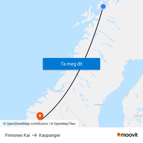 Finnsnes Kai to Kaupanger map
