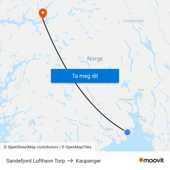 Sandefjord Lufthavn Torp to Kaupanger map