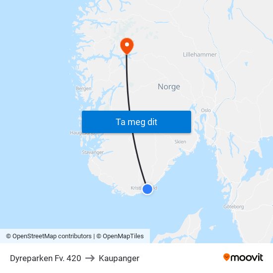 Dyreparken Fv. 420 to Kaupanger map