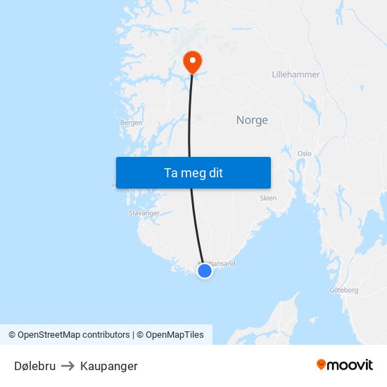 Dølebru to Kaupanger map