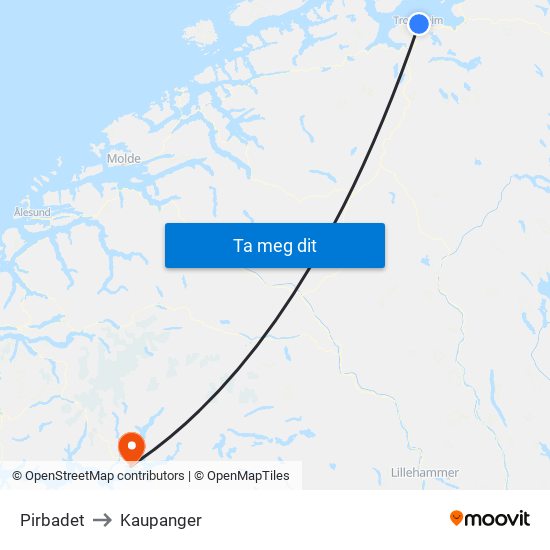 Pirbadet to Kaupanger map