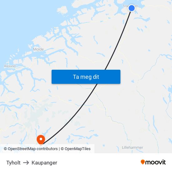 Tyholt to Kaupanger map