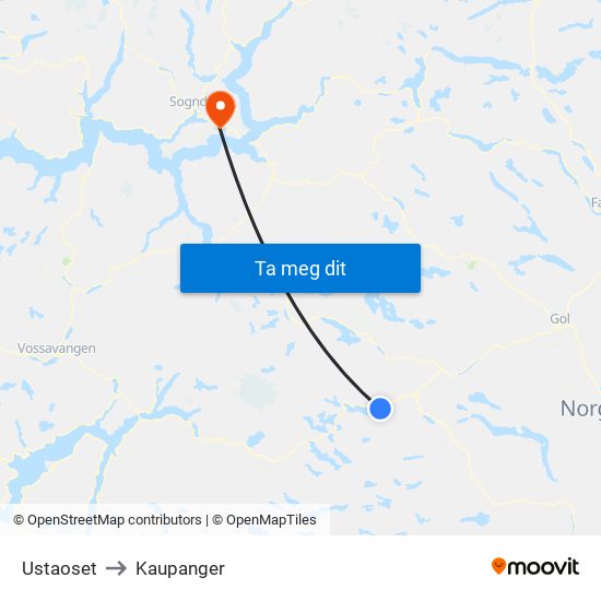 Ustaoset to Kaupanger map