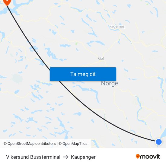Vikersund Bussterminal to Kaupanger map