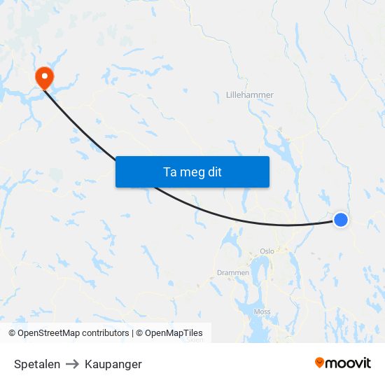 Spetalen to Kaupanger map