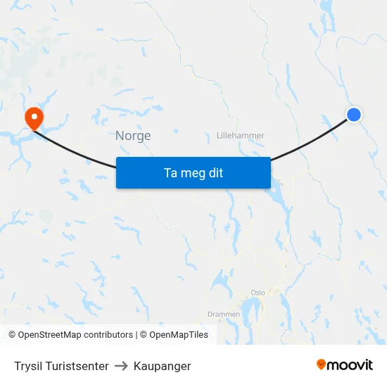 Trysil Turistsenter to Kaupanger map