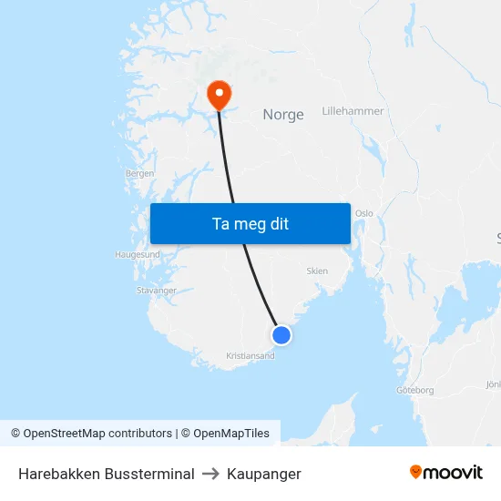 Harebakken Bussterminal to Kaupanger map