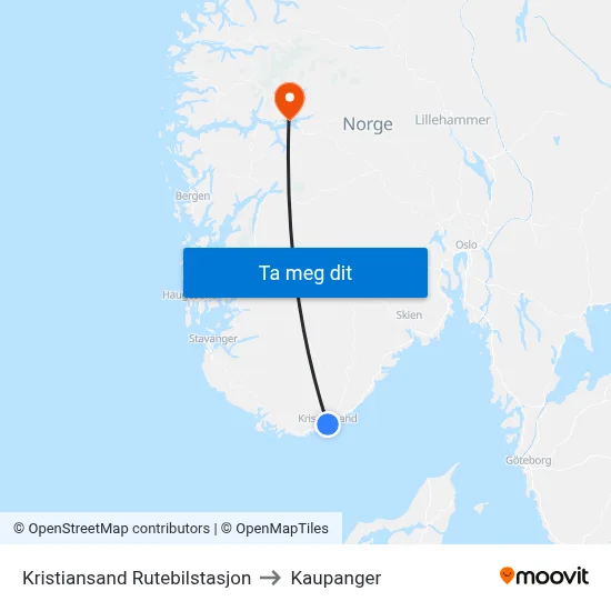 Kristiansand Rutebilstasjon to Kaupanger map