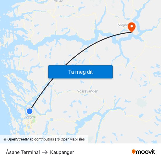 Åsane Terminal to Kaupanger map