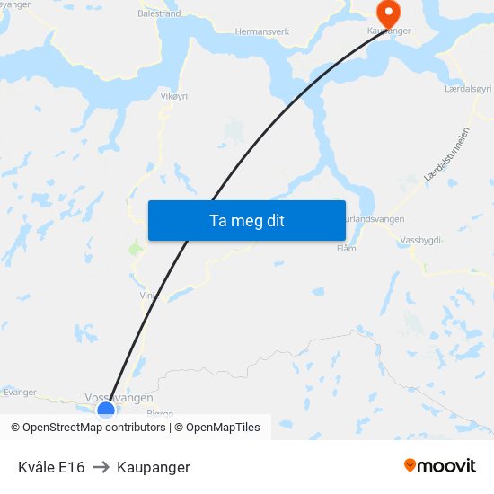 Kvåle E16 to Kaupanger map