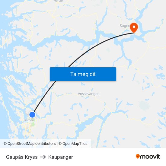 Gaupås Kryss to Kaupanger map