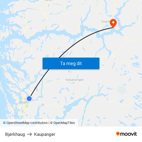 Bjørkhaug to Kaupanger map